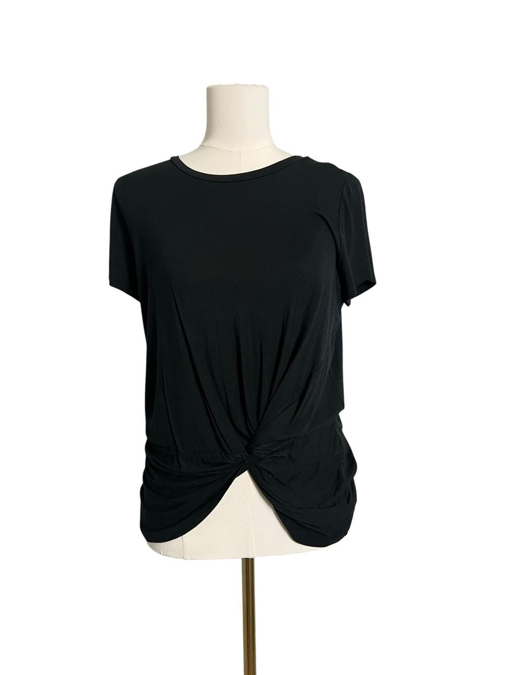 Lulus Basics Shirt Womens Medium Black Twist Front Knot Hem Stretch Tee Casual